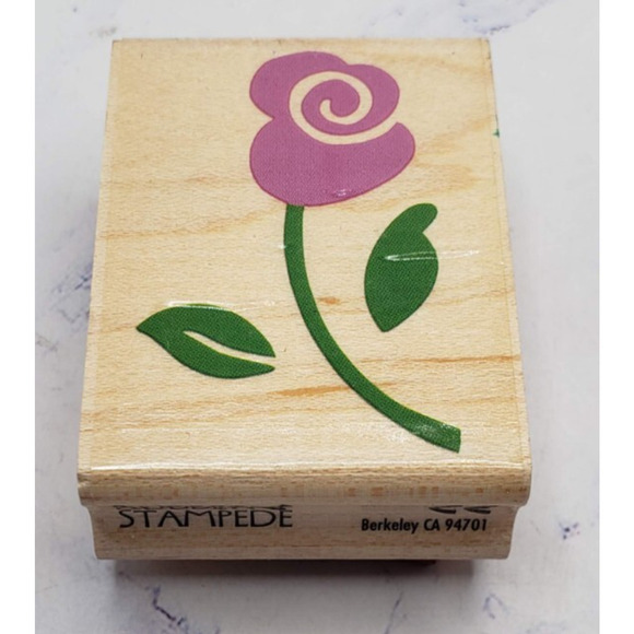 Small Drawn Rose Flower Rubber Stampede Wood Mounted Stamp Whimsical Rose Stem - Picture 1 of 7
